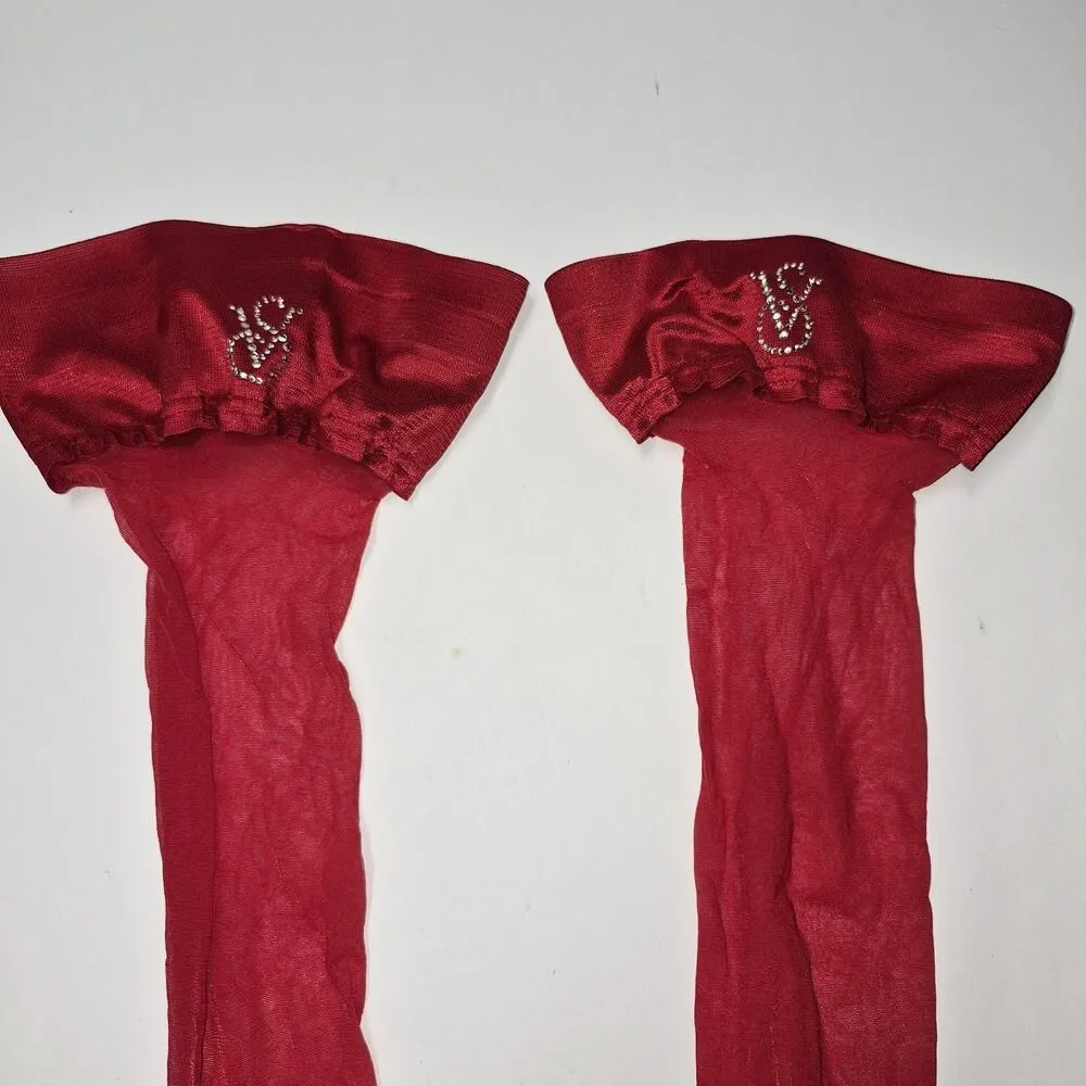 Vtg Victoria's Secret Red Rhinestone Ruffle Top Thigh High Stockings Santa Y2k